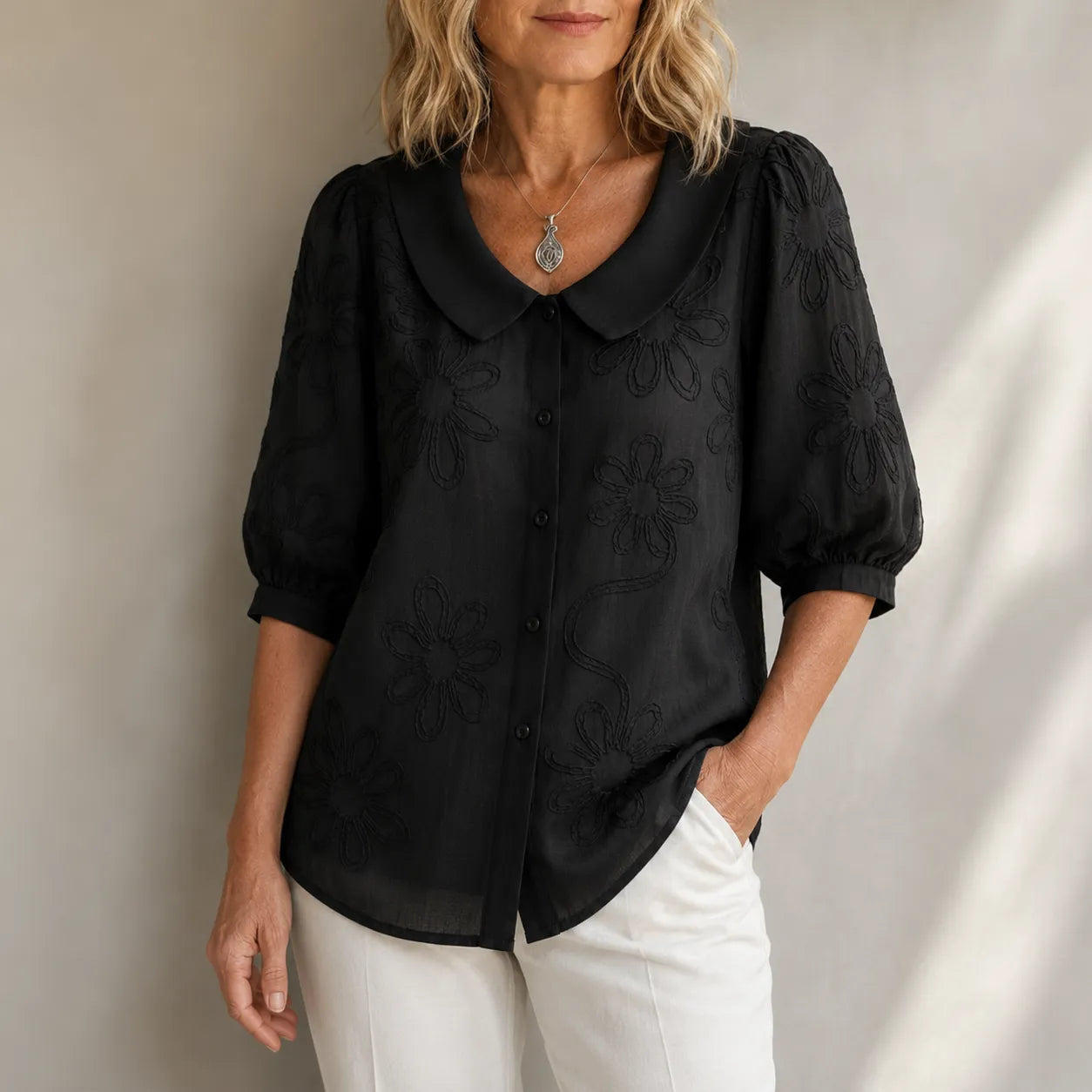 Fiora – Textured Floral Blouse with Puff Sleeves