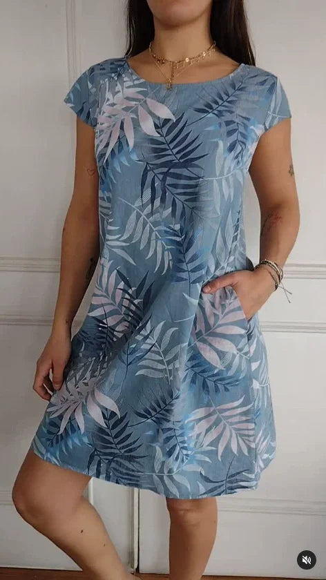 Printed summer dress in cotton and linen for women with pockets
