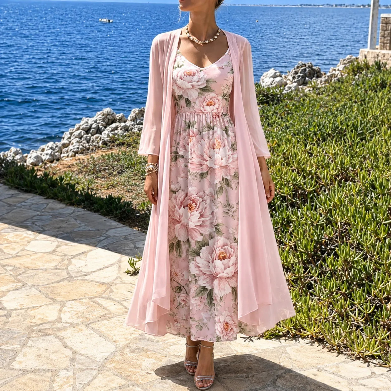 Florenza – Two-Piece Floral Maxi Dress with Sheer Duster