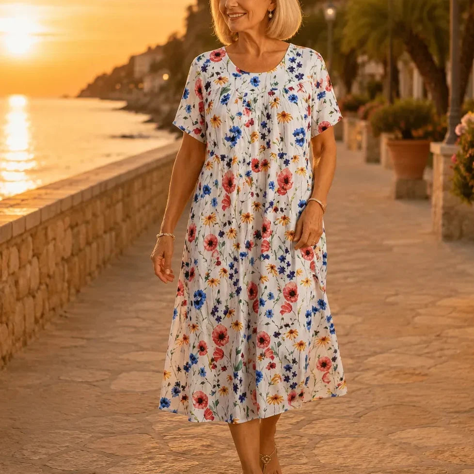 Fiorella – Floral Print Cotton-like Midi Dress with Pockets