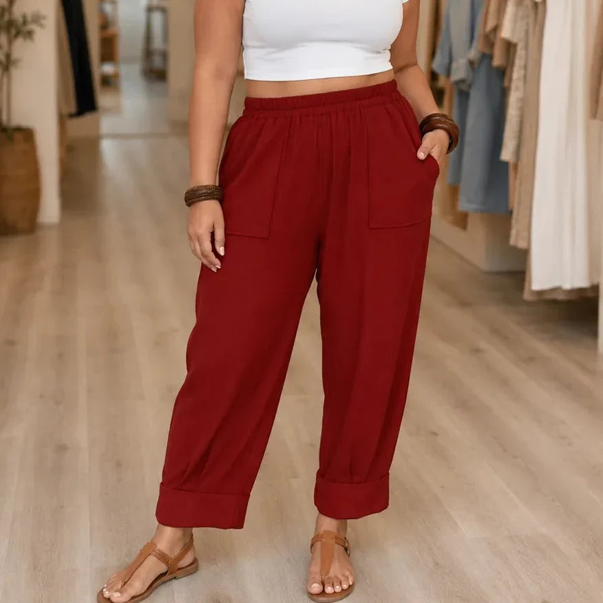 Loriane – Women's Cuffed Ankle Pull-On Pants, Relaxed Fit, Elastic Waist