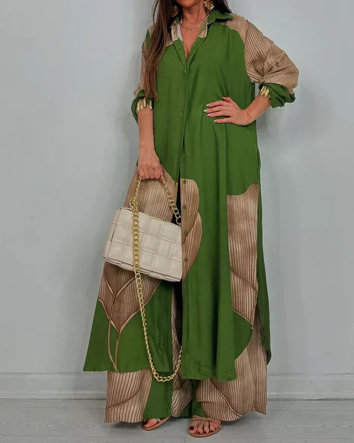 ISABEAU – TRENDY PATCHWORK PRINTED TOP & WIDE LEG PANTS SET