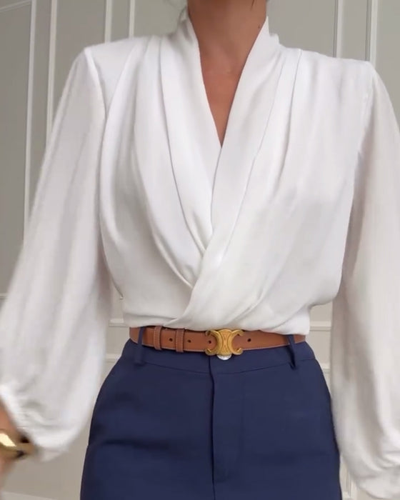 Solid Color V-Neck Lantern Sleeve Blouse