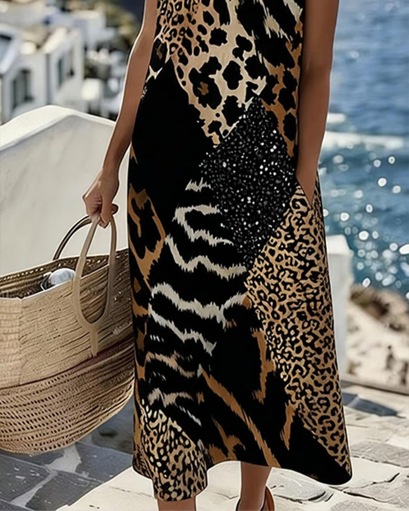 Leopard Print Patchwork Sleeveless Maxi Dress