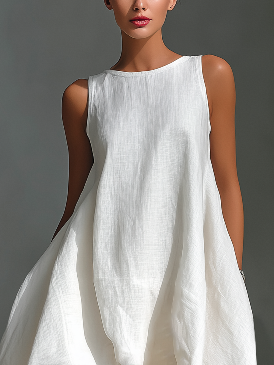 White Linen Sleeveless Midi Dress for Women with Round Neck and Asymmetrical Hem