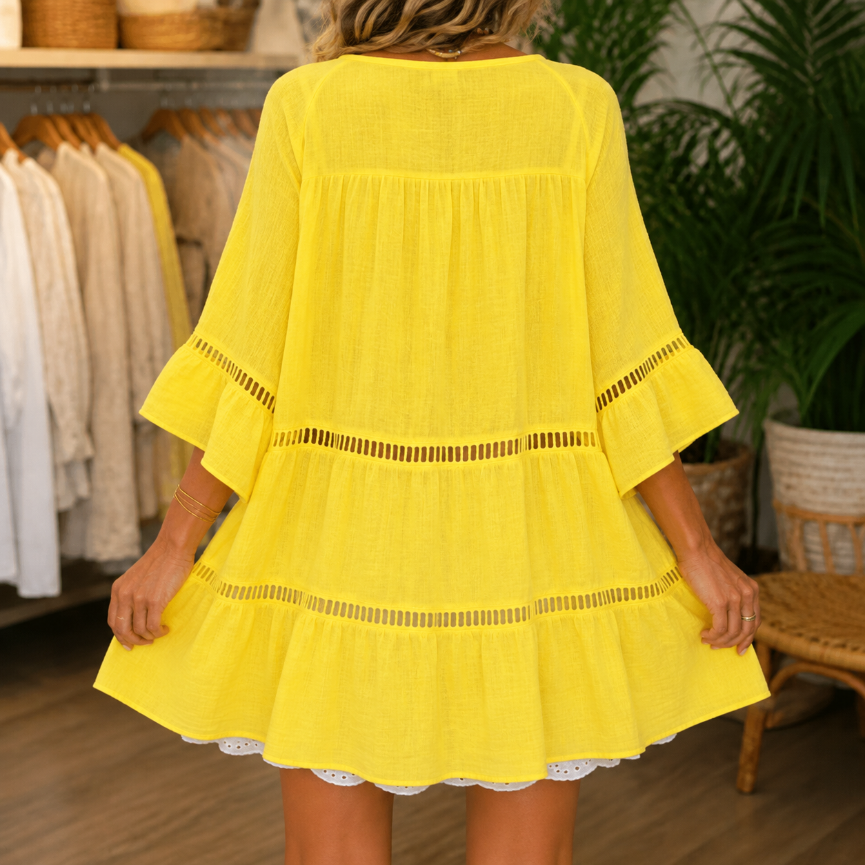 Linella – Crochet-Trim Button-Front Tunic Dress