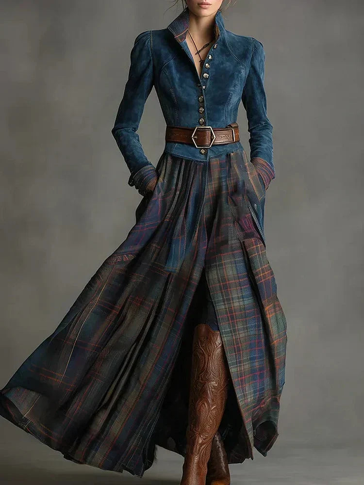 Maxi dress in retro style with a blue checkered pattern (includes a belt)