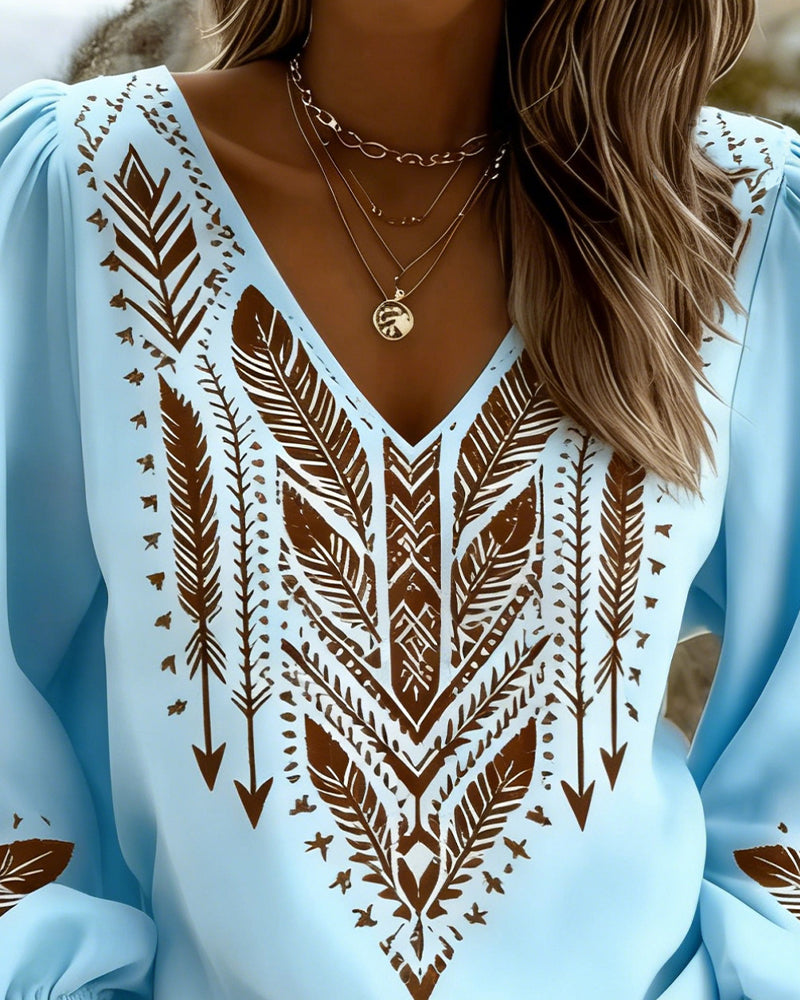 V-Neck Blouse with Puff Sleeves and Relaxed Fit