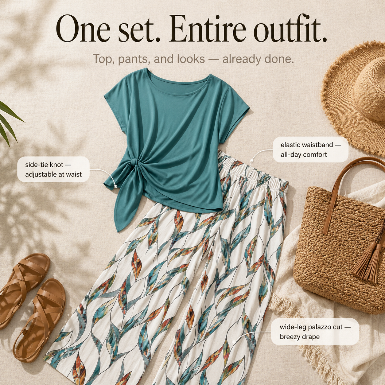 Lunaria – Women's Side-Tie Top & Wide-Leg Leaf-Print Pants Set