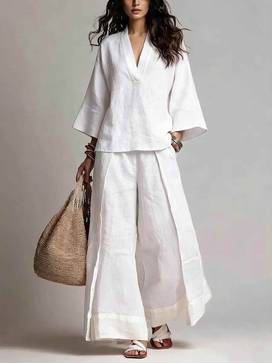 Loose Plus Size Contrast Color Pleated Pockets V-Neck Two Pieces Set
