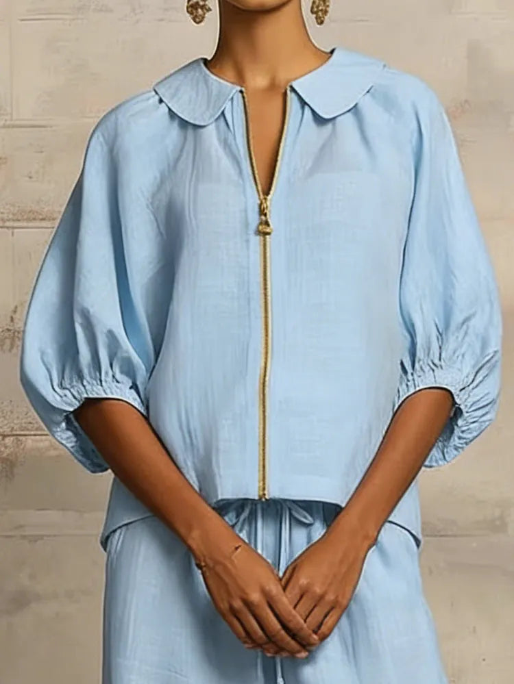 Stylish Peter Pan Collar Zip-up Shirt And Wide-leg Pant Linen Cotton Set