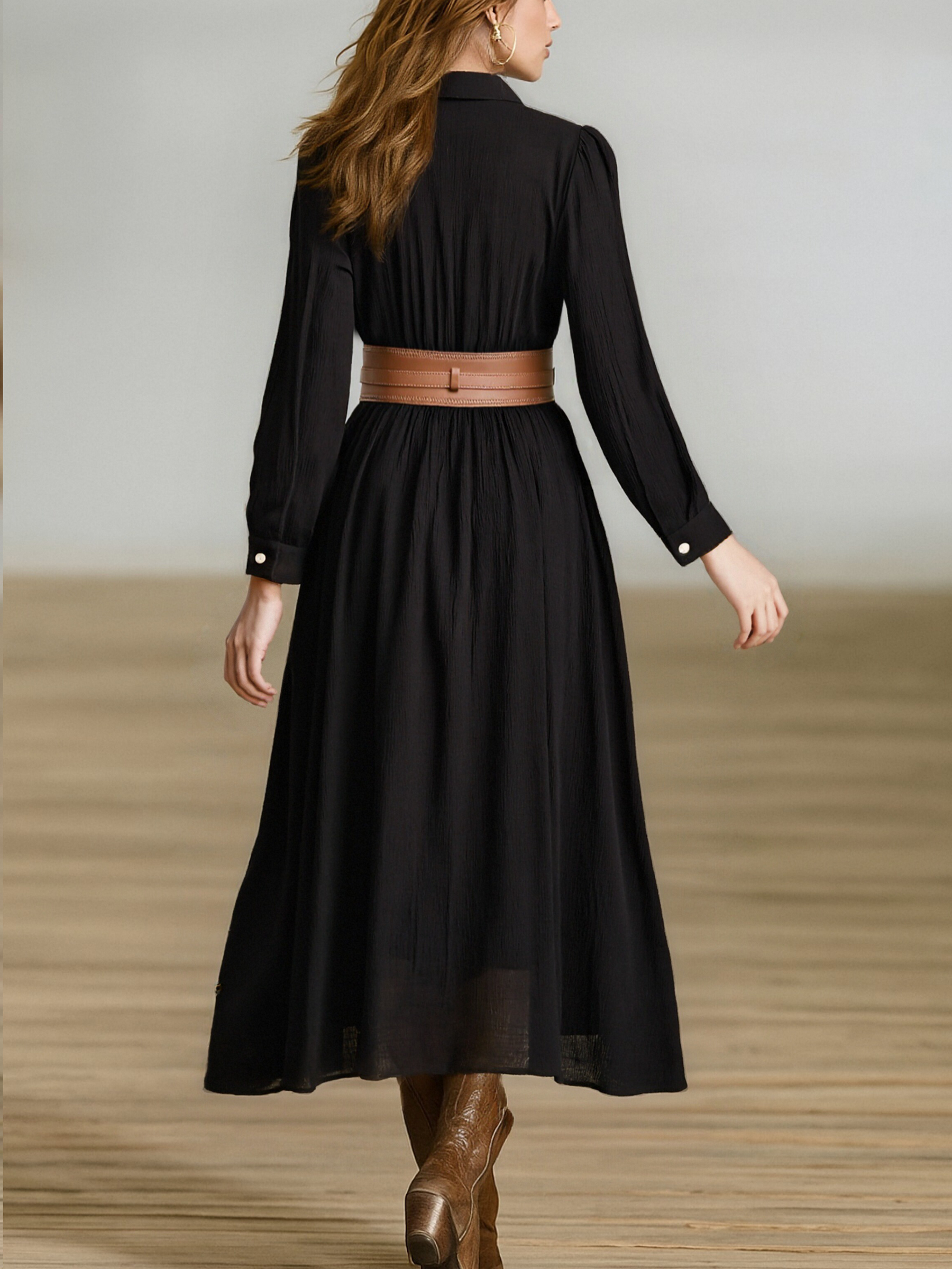 Women's Imitation Cotton And Linen Pleated Lapel Single-breasted Long-sleeved Maxi Dress MDA1768I7Y