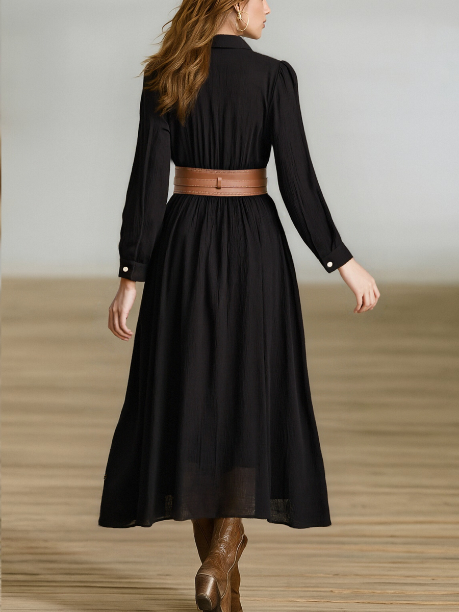 Women's Imitation Cotton And Linen Pleated Lapel Single-breasted Long-sleeved Maxi Dress MDA1768I7Y
