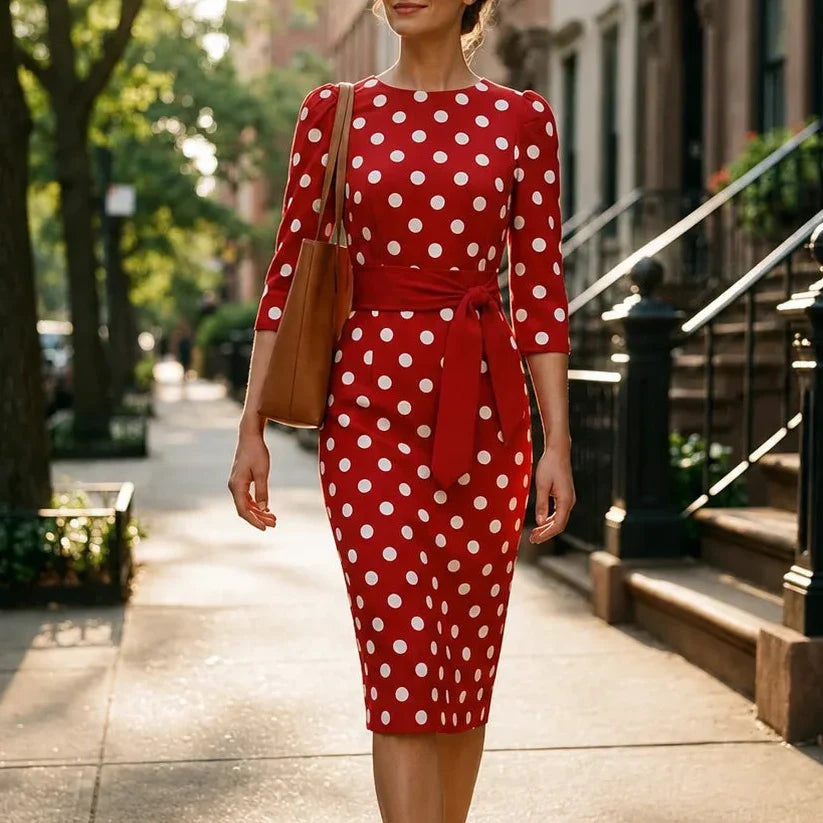 Belora – Retro Polka Dot Midi Dress with Belted Waist