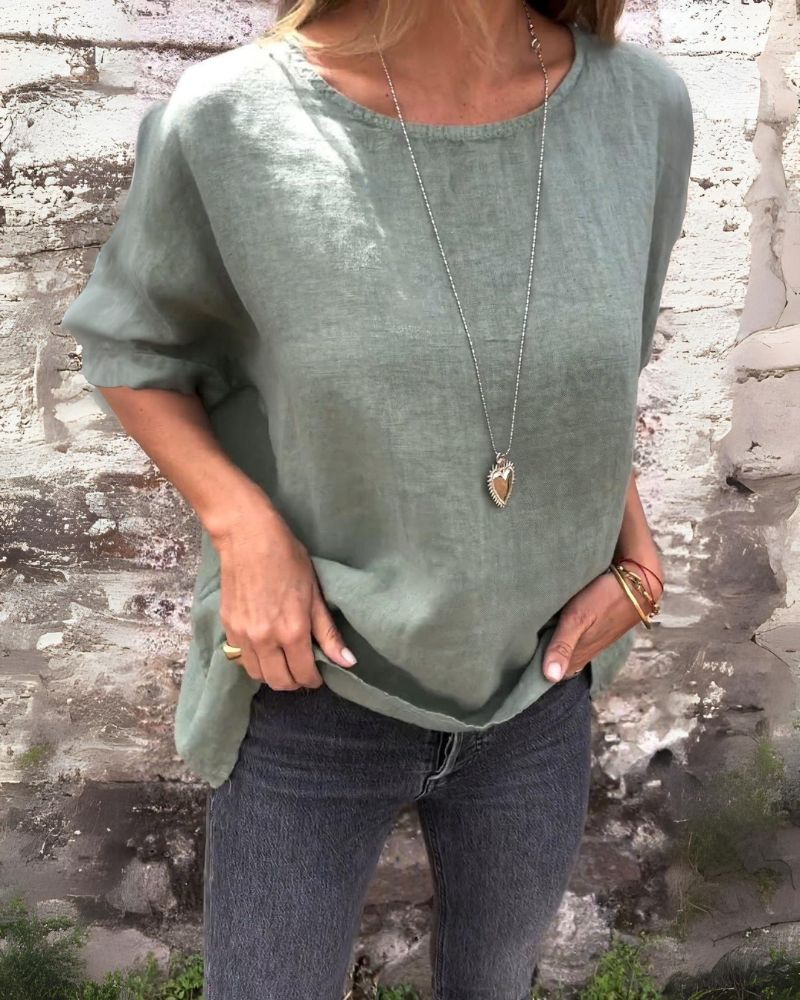 Dahlia - Casual Round Neck Cotton & Linen T-Shirt