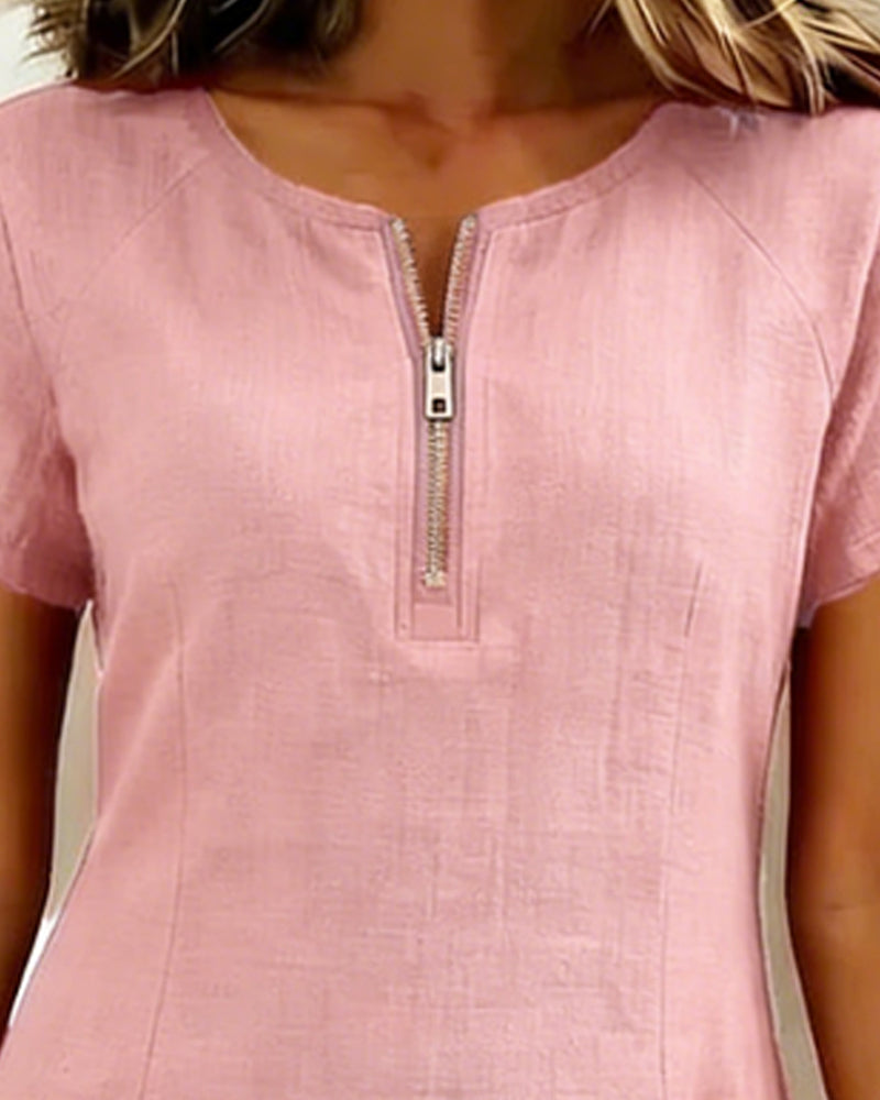 Short Linen and Cotton Dress with Zipper Closure - Elegant A-Line Cut