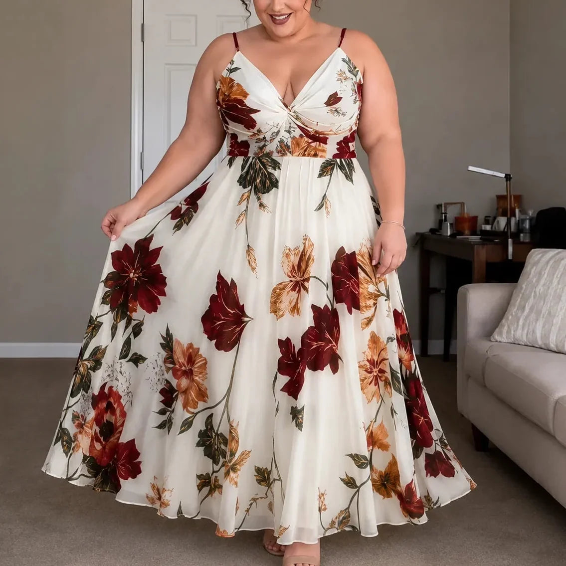 Florenza – Floral Spaghetti Strap Maxi Dress with V-Neck