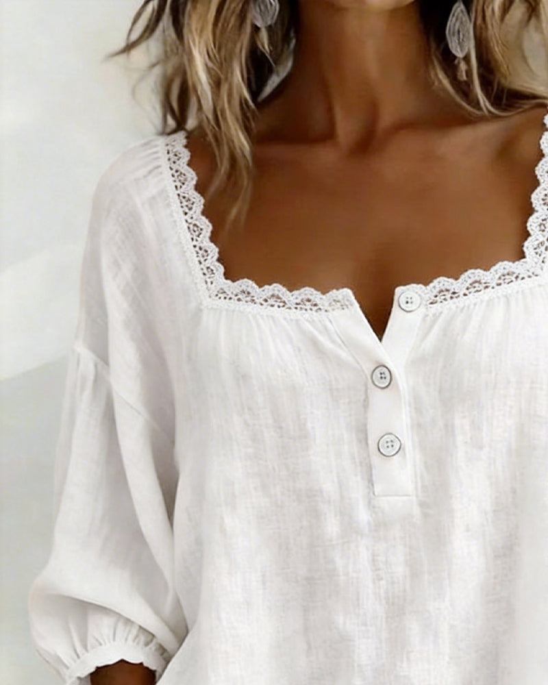 Balloon Sleeve Lace Blouse with Square Neckline