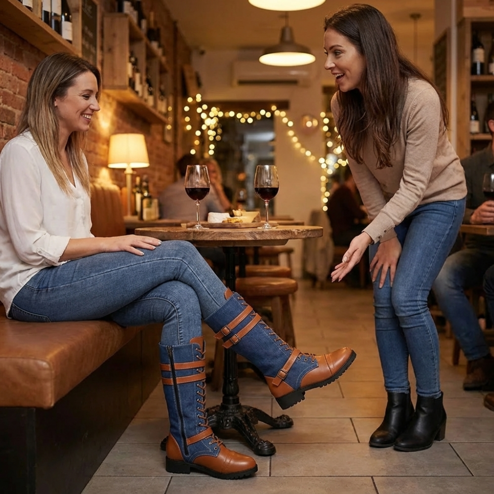 Denara - Denim and Leather Mid-Calf Riding Boots