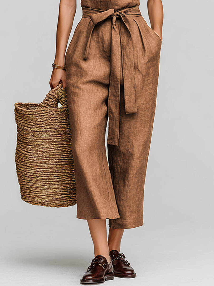 Women's Tobacco Brown Linen Jumpsuit With Self-Tie Waist & Collared V-Neck, Timeless Resort-Casual Style Jumpsuit MDZ0638B5I