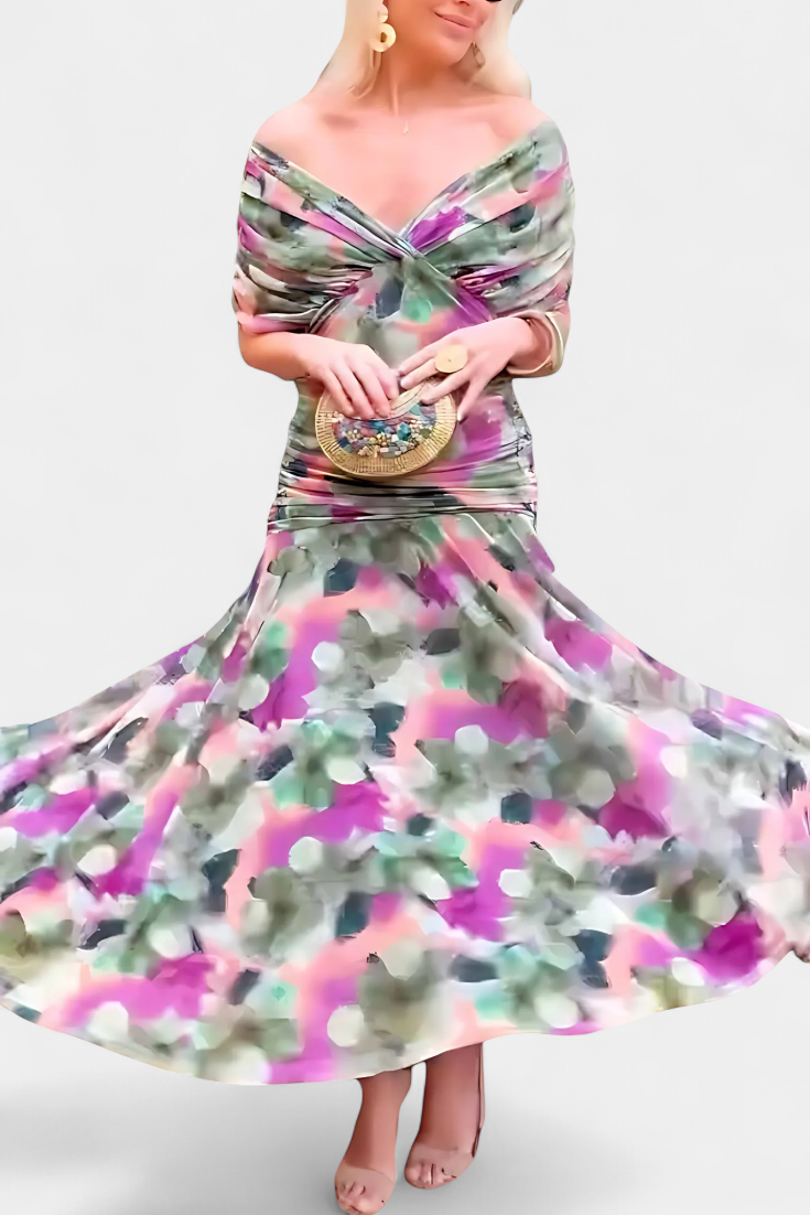 VIVIAN | LONG FLOWER V-NECK DRESS