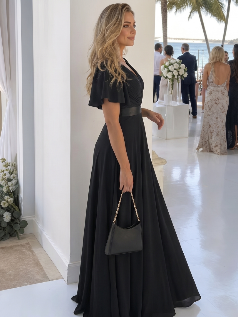 Mige | Short Flutter Sleeve Defined Waist Maxi Dress
