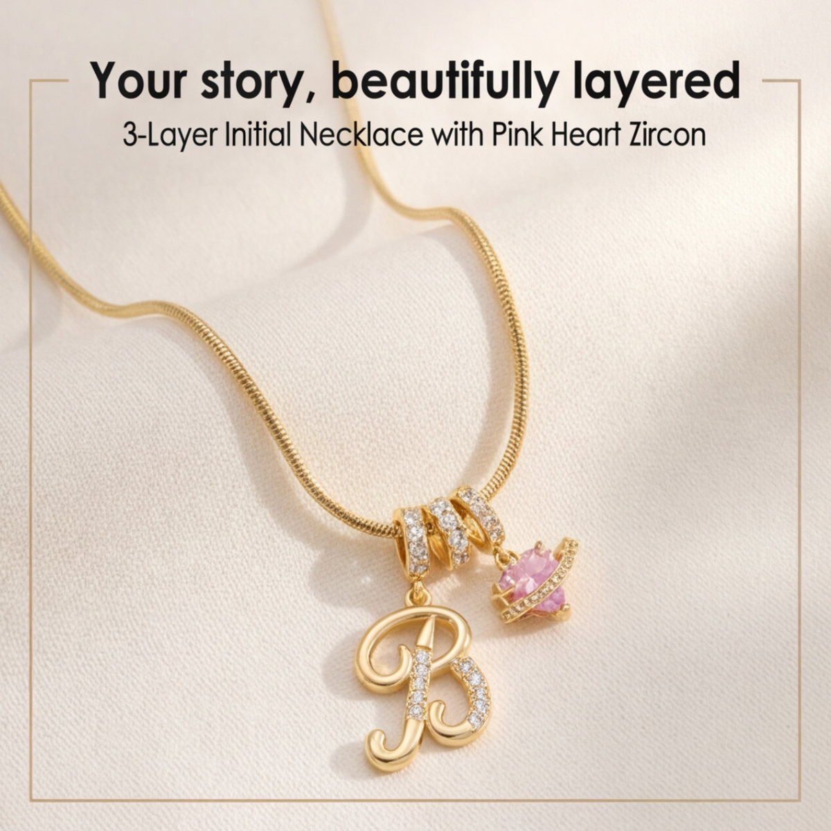 LUMARA – 3-Layer Initial Necklace with Pink Heart Zircon