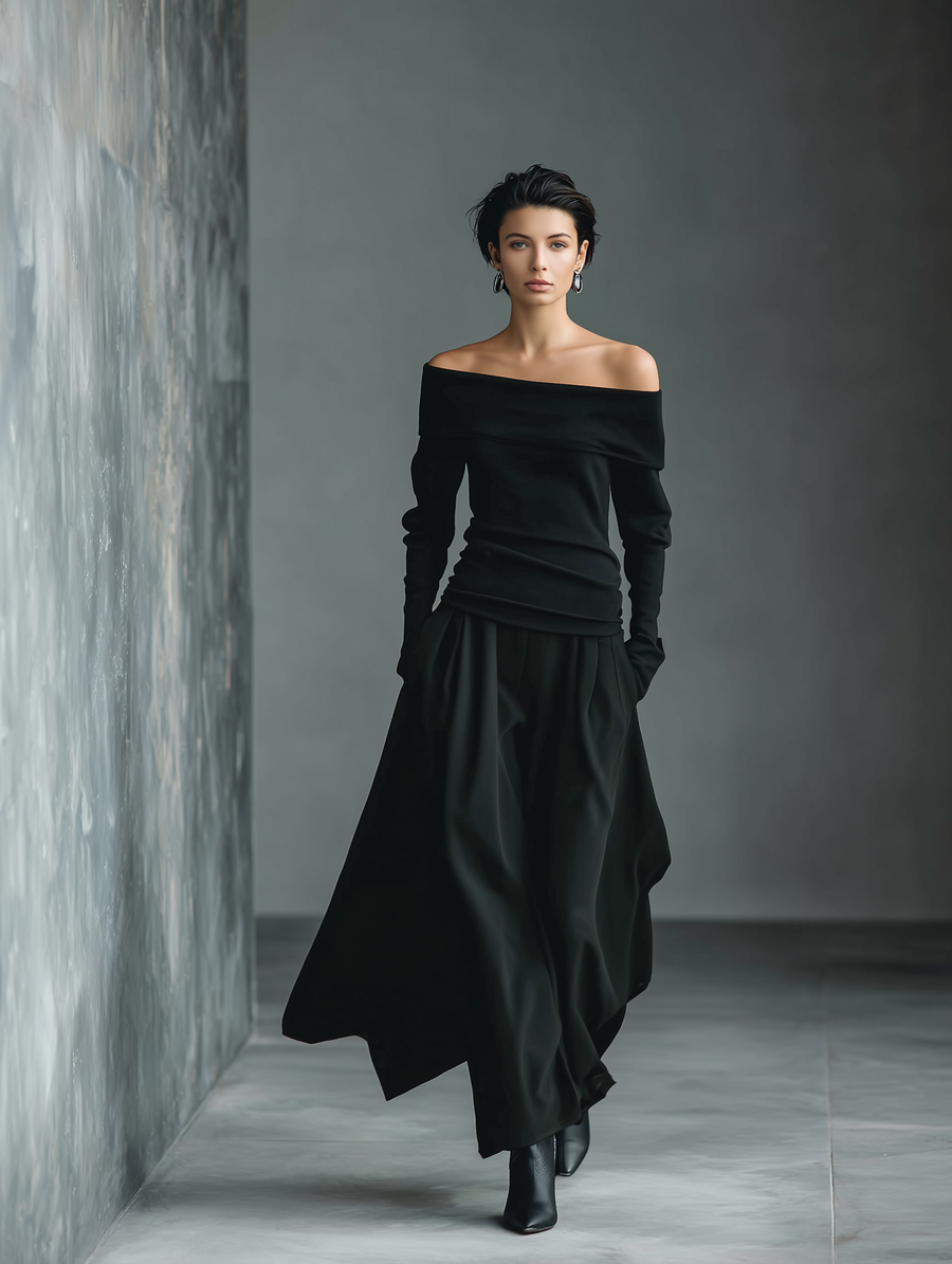 Women's Black Knit Off-Shoulder Fitted Top And Woven Fabric Skirt Set MDA1430K2T