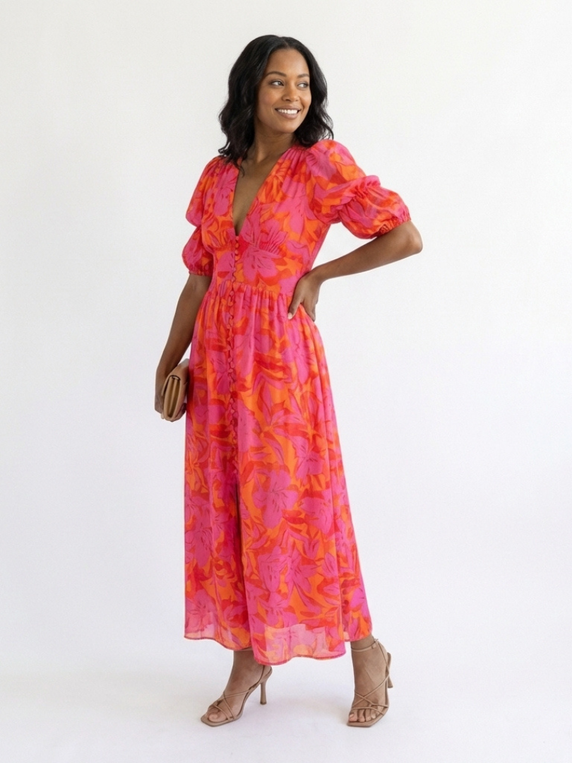 Stella & Grace™ | Floral V Neck Puff Sleeve Midi Dress