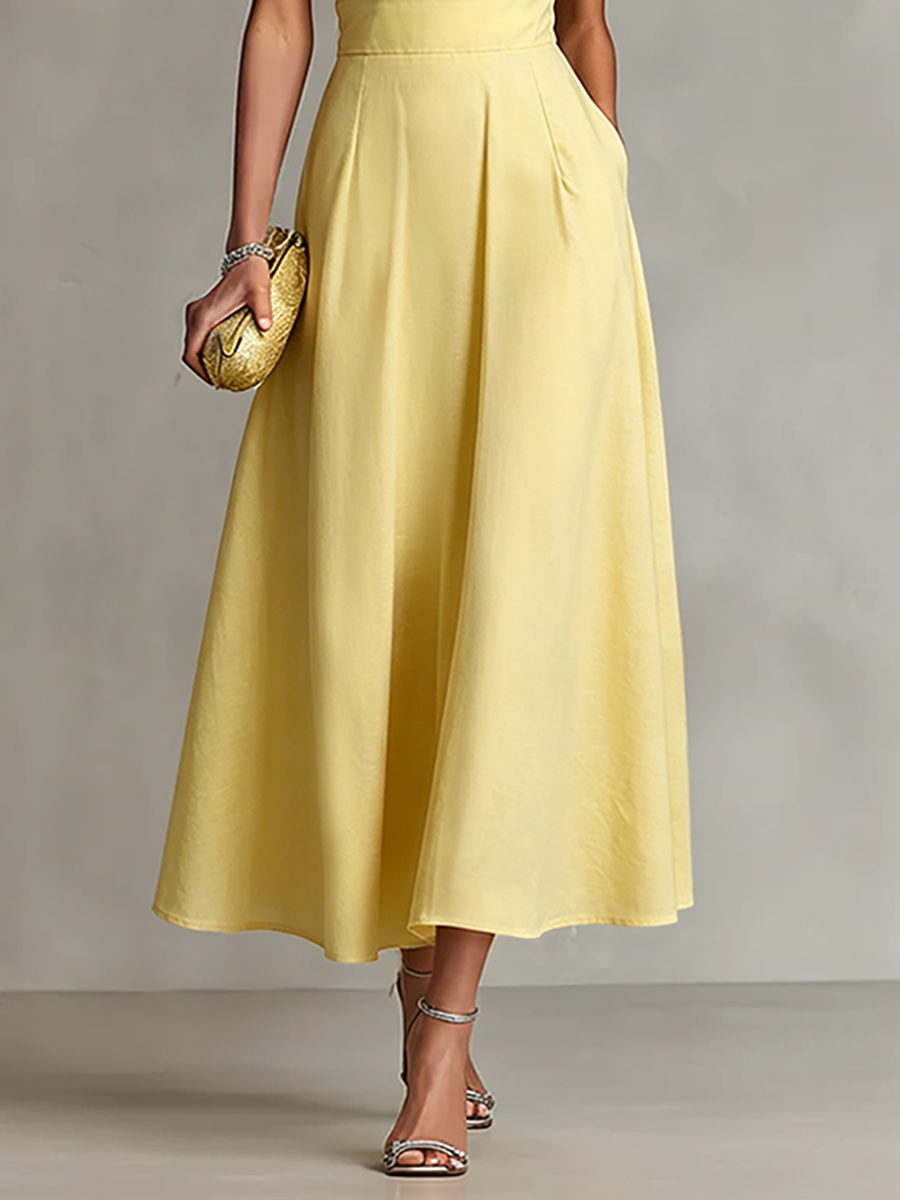 Women's Yellow Linen Dress With One-Shoulder Neckline & Fitted Waist, Timeless Elegant-Chic Style Dress MDZ2630B3I