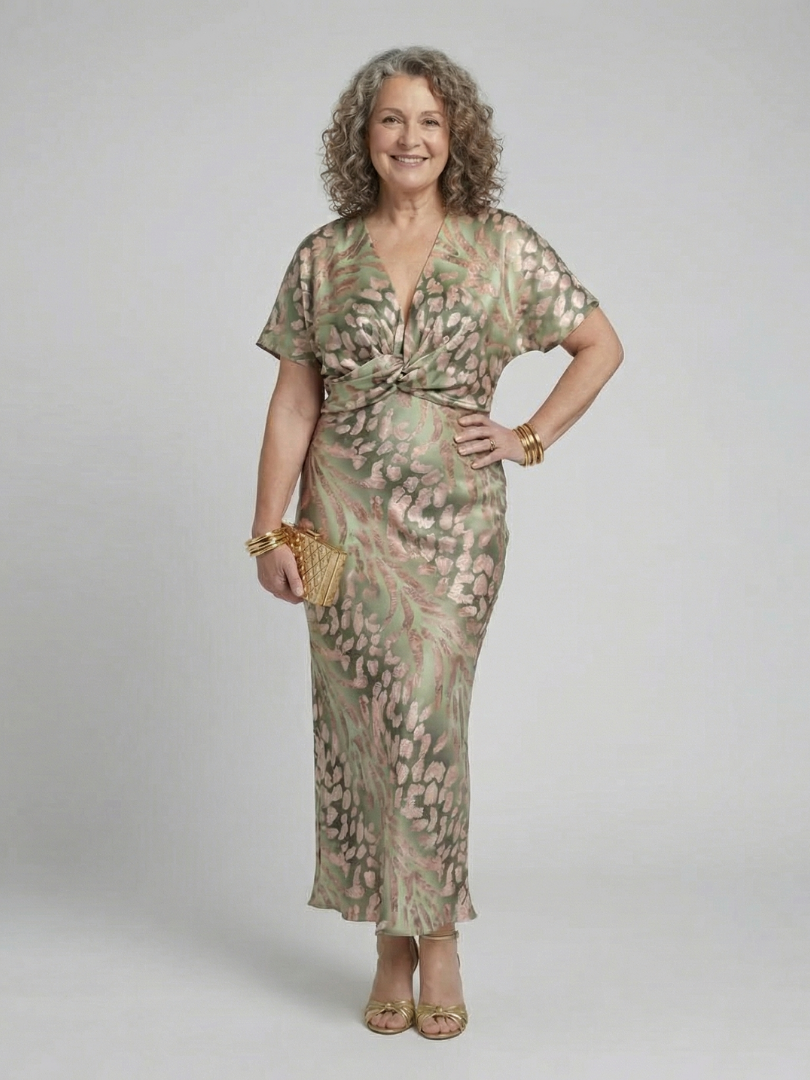 Abstract Print Midi Dress with V-Neck and Twisted Waist