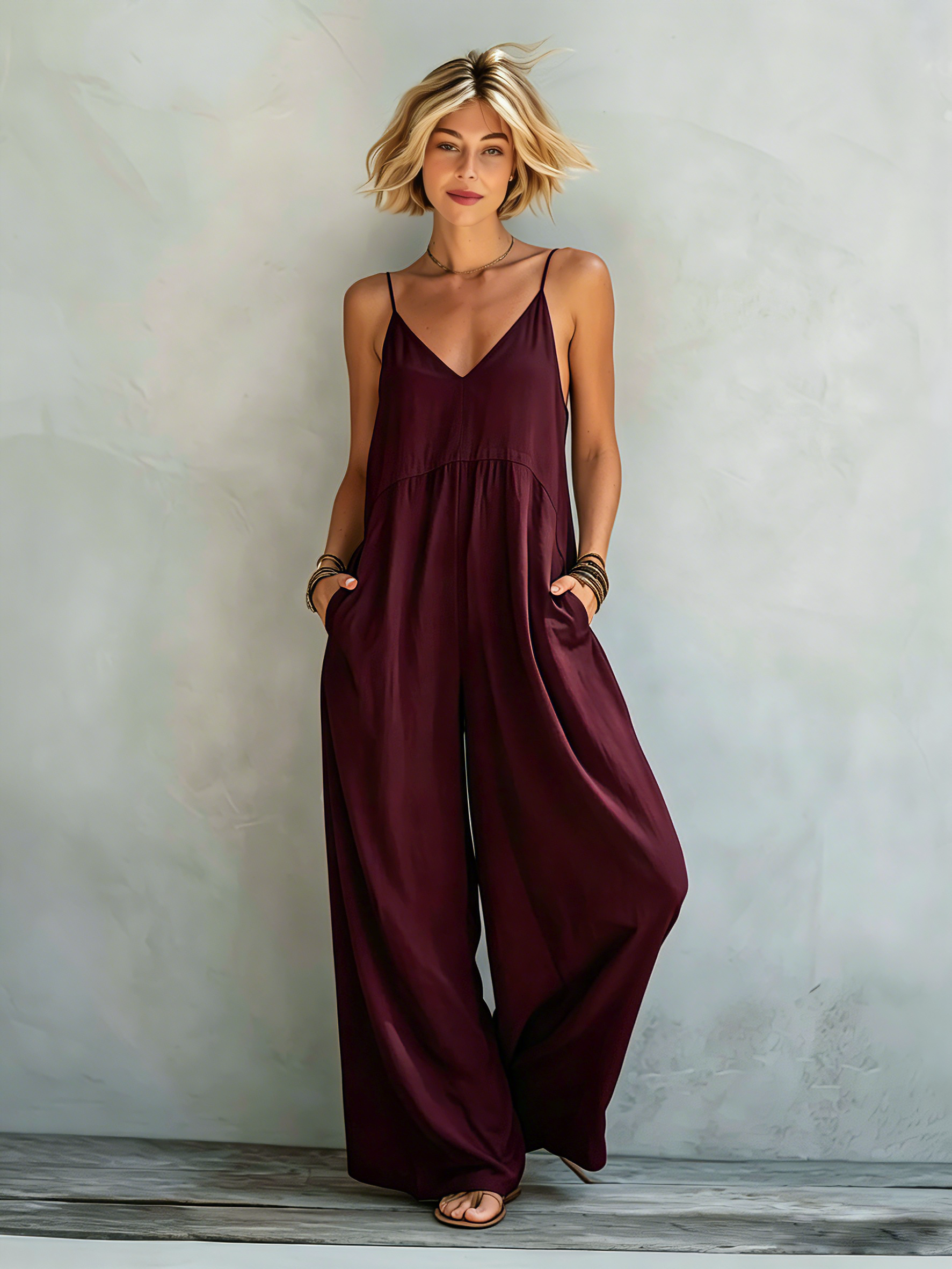 Women's Casual White Cotton-linen Blend Sleeveless Loose Jumpsuit MDZ0246C9AN