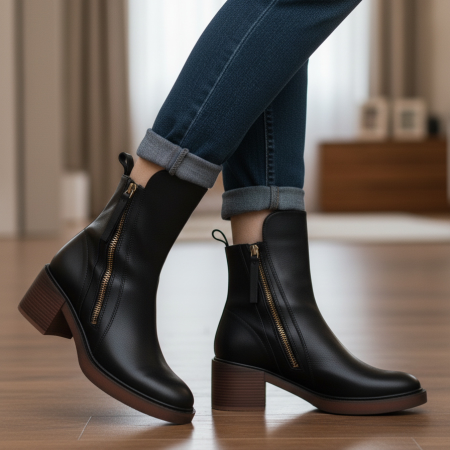 Marcel™ | Black Leather Ankle Boots with Comfortable Heel