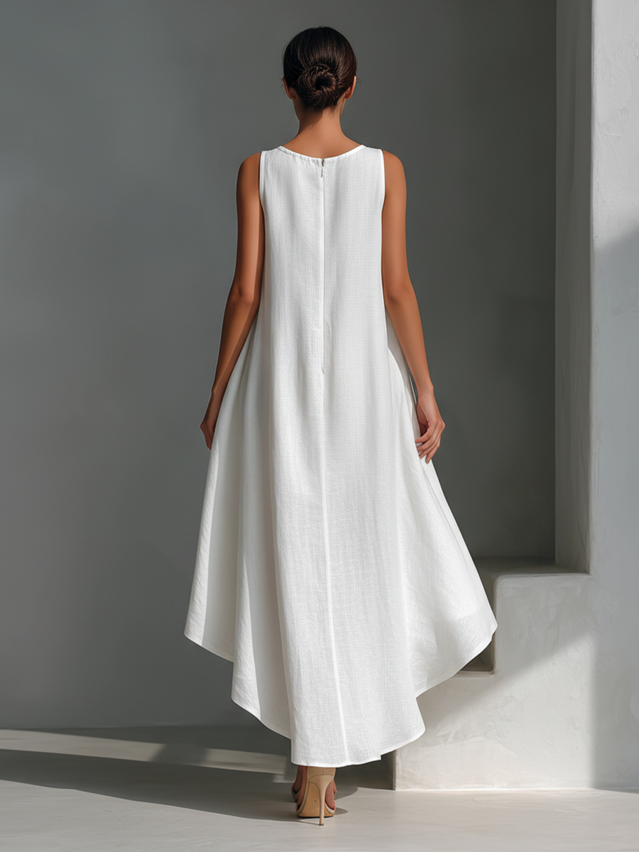 White Linen Sleeveless Midi Dress for Women with Round Neck and Asymmetrical Hem