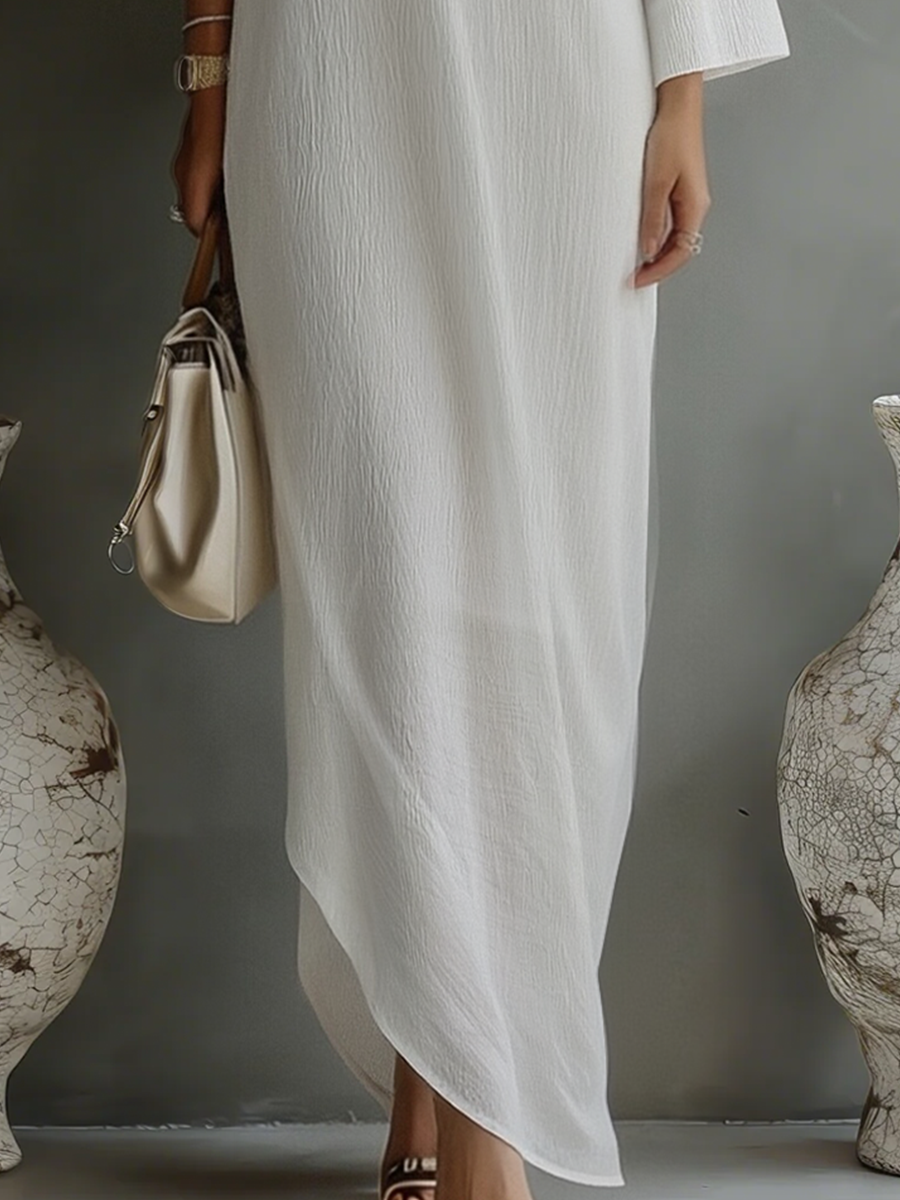 Women's Ivory White Cotton-Linen Blend One-Shoulder Flowing Elegant Dress MDA3032K4T