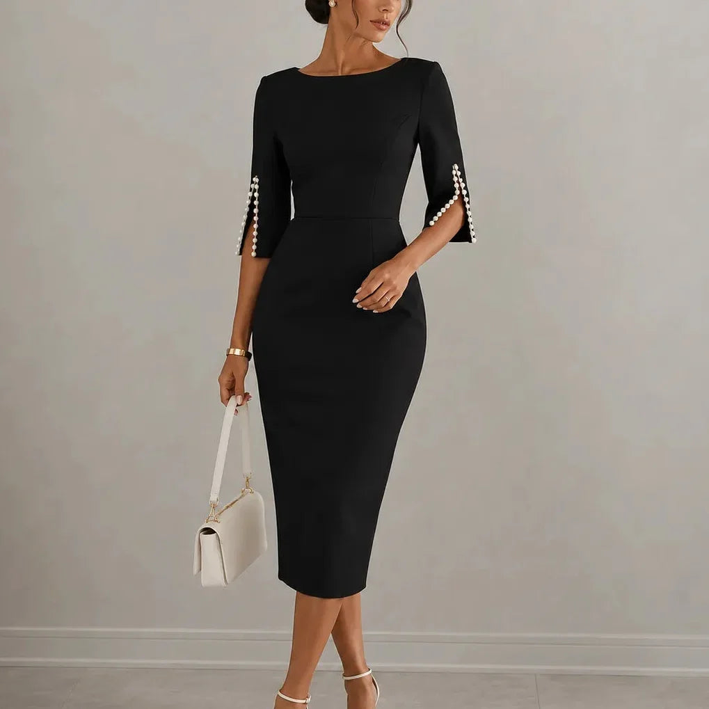 Elarosa – Pearl-like Sleeve Slim Fit Pencil Midi Dress
