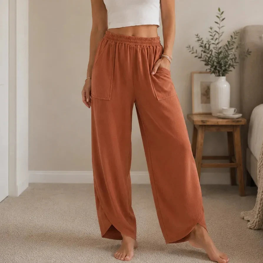 Lounella – Wide Leg Harem Pants with Elastic Waist and Deep Pockets