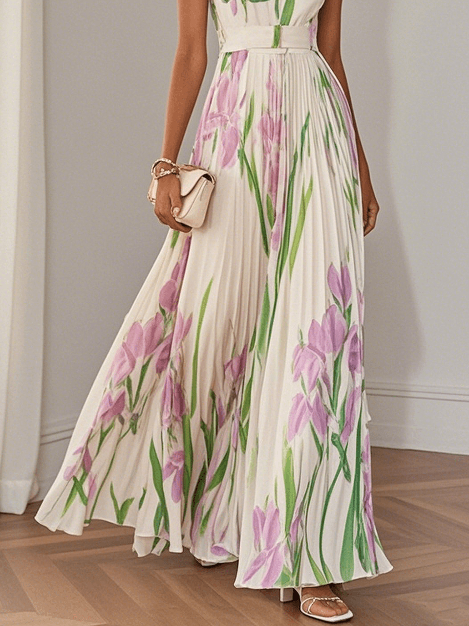 Pleated Long Dress in Mousseline - Timeless Elegance