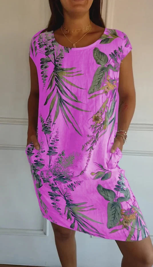 Printed summer dress in cotton and linen for women with pockets