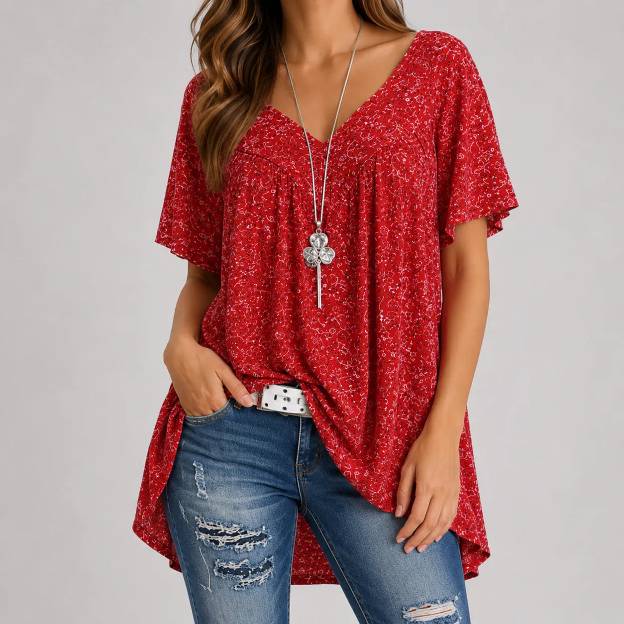 Florenza – Floral V-neck Short Sleeve Tunic Top for Women