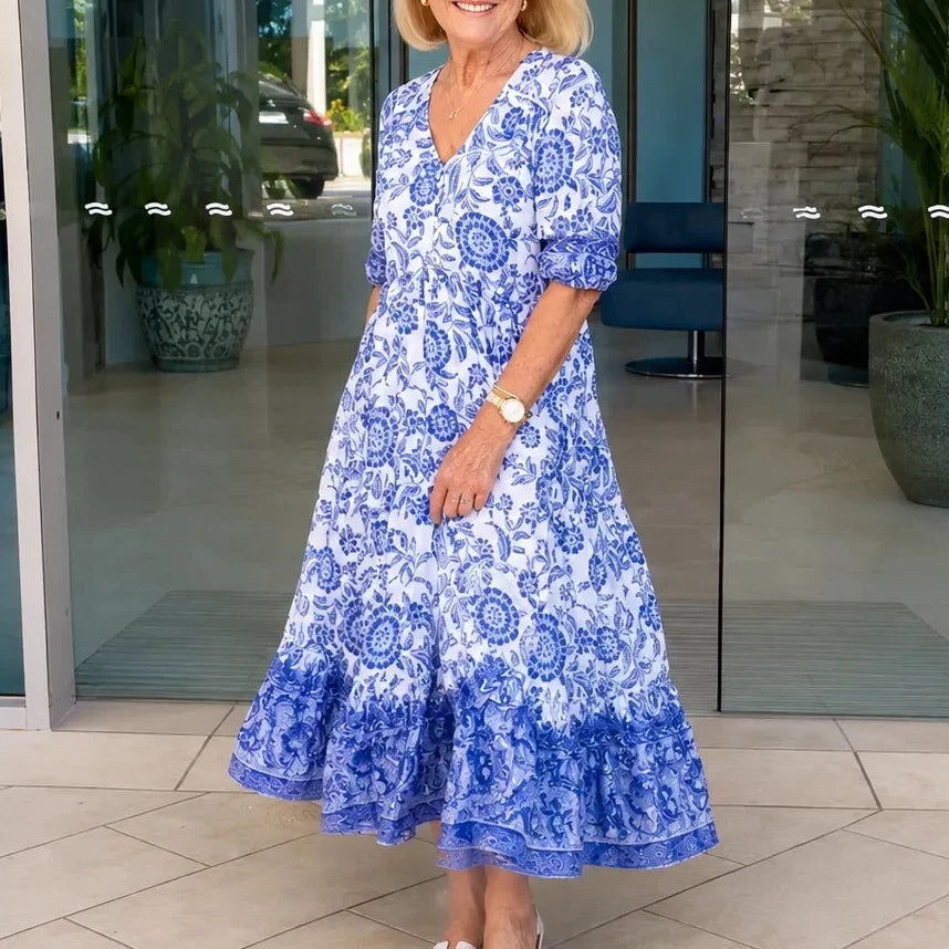 Florenza – Boho V-Neck Floral Midi Dress with Tiered Hem