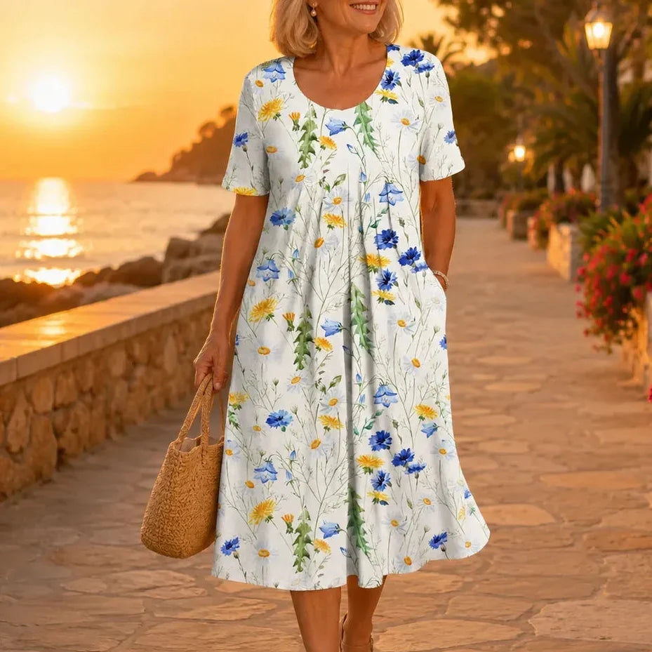 Fiorella – Floral Print Cotton-like Midi Dress with Pockets