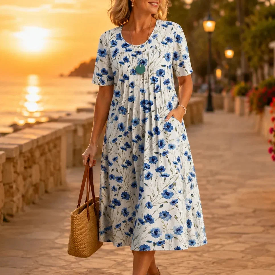 Fiorella – Floral Print Cotton-like Midi Dress with Pockets