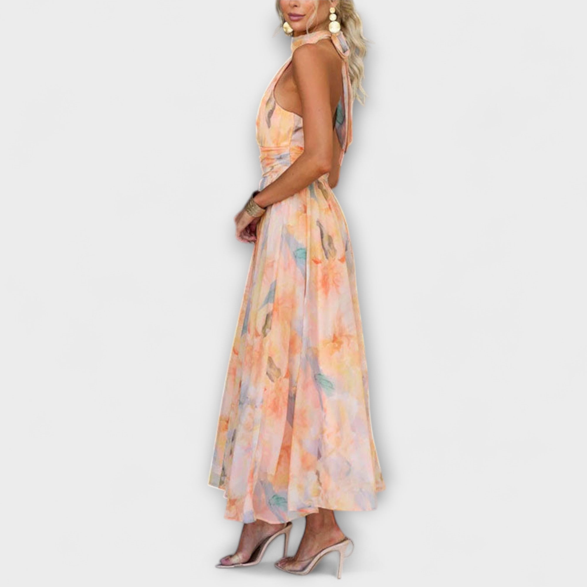 Wein™ | Halter-Neck Watercolor Print Maxi Dress