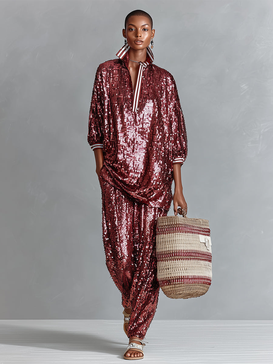 Women's Burgundy Glamorous Sequin Striped - Trimmed Oversized Loungewear Set MDA3059I3I