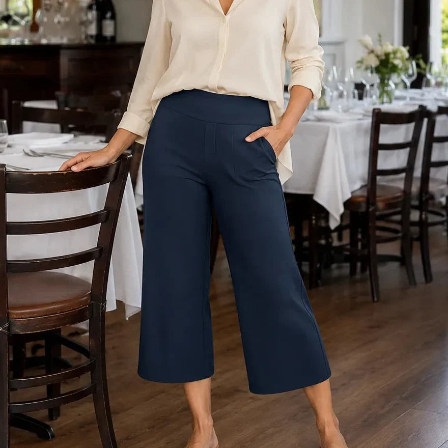 Everalyn – High-Waisted Stretch Cropped Wide-Leg Capris with Pockets