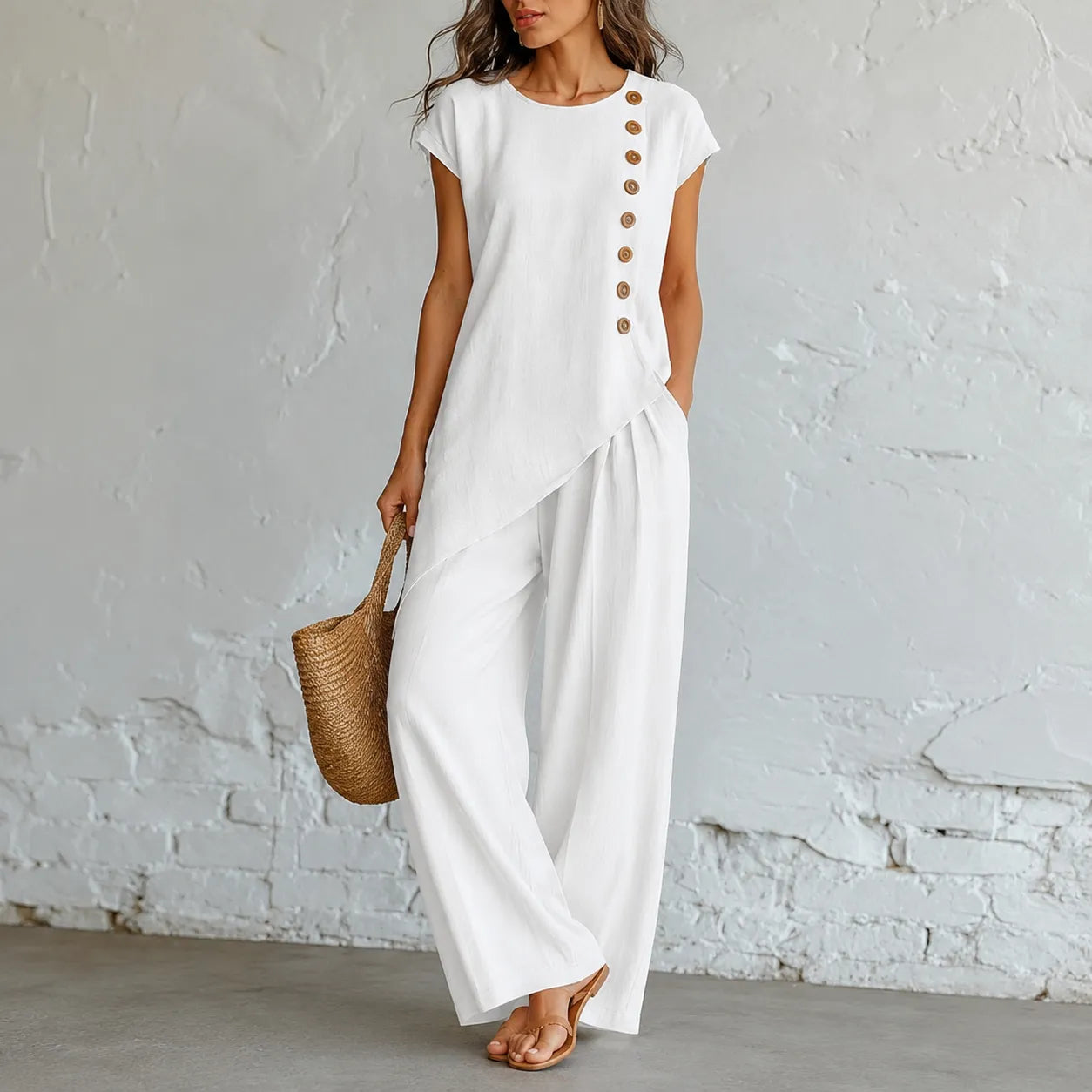 Elovena – Asymmetric Hem Matching Set with Wide-Leg Pants