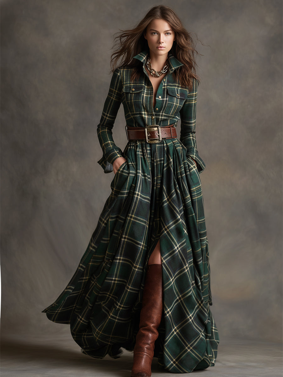 Giulia - Long plaid dress in reddish-brown with collar and retro ethnic style