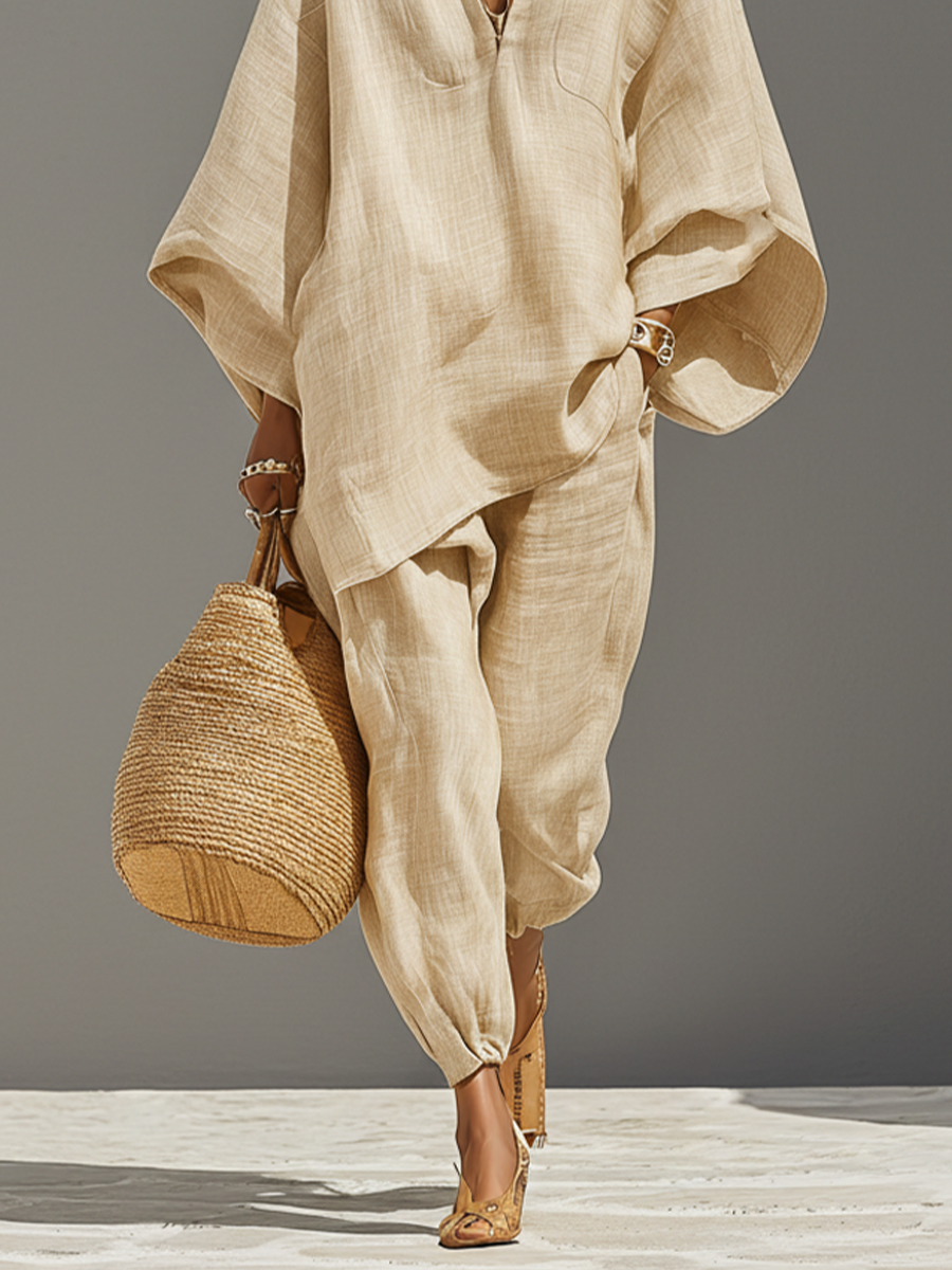 Neutral Linen Women's Set with Asymmetrical Hem and Minimalist Design, Sophisticated Daily-Casual Style Set