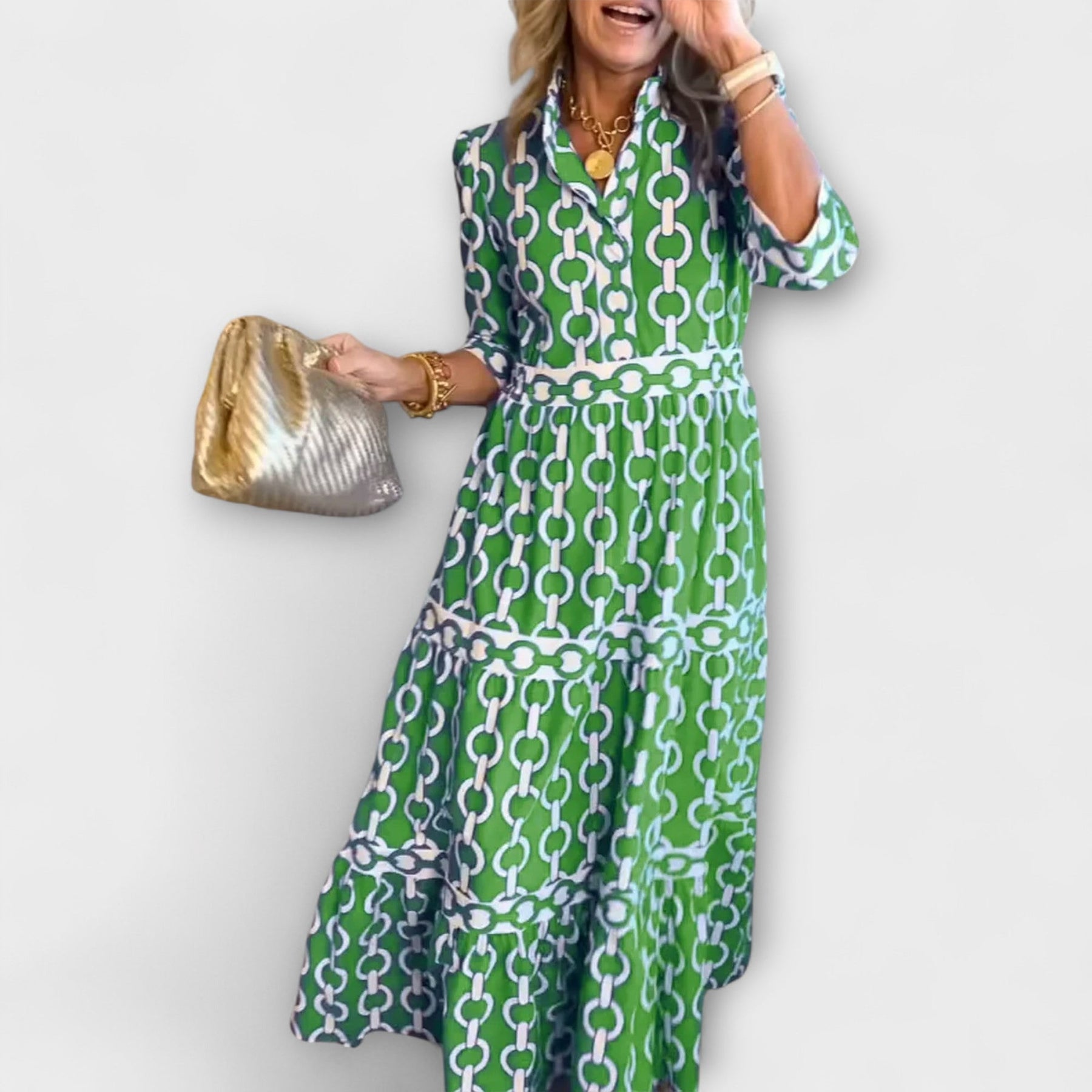 REAGAN – ELEGANT CHAIN PRINT MIDI DRESS
